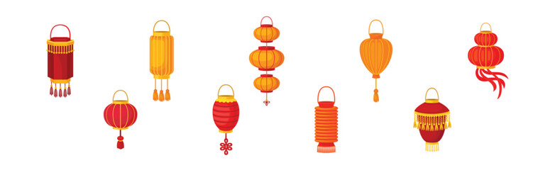 Chinese Lantern Made of Paper or Silk as Festive Luminaria Vector Set