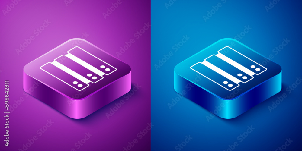 Poster isometric server, data, web hosting icon isolated on blue and purple background. square button. vect