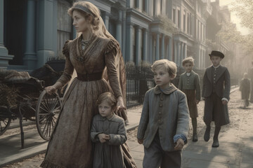 Fototapeta na wymiar woman dressed in Victorian style walking down the street with her school-age children, created with Generative AI Technology