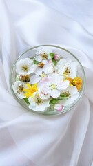 Spring flowers and green leaves in a bowl of water on a white thin material.