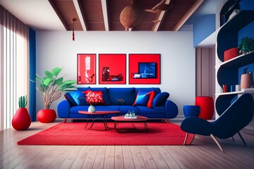 Red sofa, wooden table and rattan home decoration on dark blue background , 3d illustration - generative ai