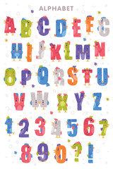 Bird alphabet letters and numbers. Bright colorful letters and numerals with eyes, beaks and wings cute cartoon vector illustration