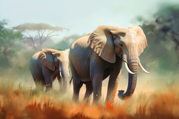 Fototapeta na wymiar illustration, african elephant in the jungle, ai generative