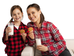 Happy mother and her daughter smiling while drinking milk and eating