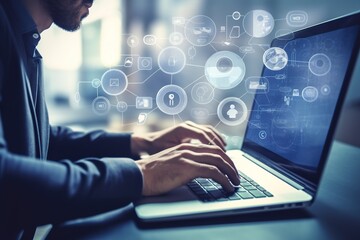 businessman typing on a laptop. Generative AI