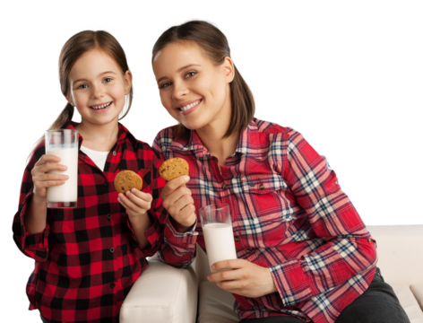 Happy mother and her daughter smiling while drinking milk and eating - Powered by Adobe