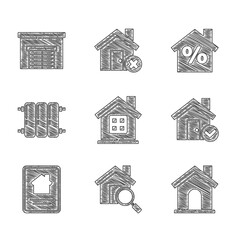 Set House, Search house, with check mark, Online real estate, Heating radiator, percant discount and Garage icon. Vector