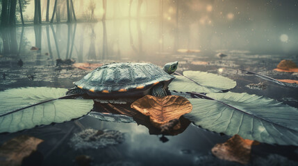 A turtle sitting on top of a leaf covered pond. AI generative.
