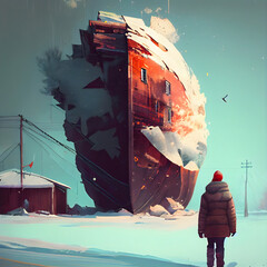 Man standing in front of a large ship in the middle of the winter.