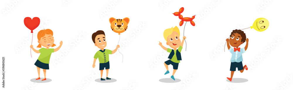Poster kid characters with party balloons having fun vector set