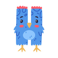 Bird alphabet H capital letter. Blue consonant letter with eyes, beak and wings cute cartoon vector illustration