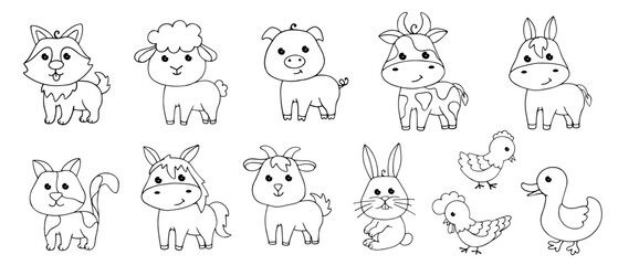 Linear sketches, coloring pages of little cute agriculture farm animals. Vector graphics.