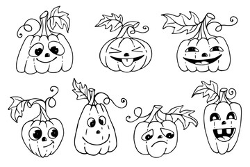 A set of sketches, doodles of funny pumpkin characters for Halloween. Vector graphics.