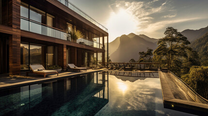 Fototapeta premium Splendid hotel, nestled amidst a picturesque landscape, offering breathtaking views of the surrounding mountains and lush forests. Exterior view with swimming pool. Generative AI