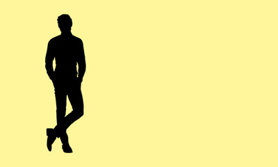 Fototapeta na wymiar Silhouette of man with hands in pocket. Man silhouette with large text and copy space on soft yellow background. Web vector illustration male silhouette.