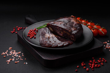 Delicious smoked or cured mahan horse meat sausage with spices and herbs