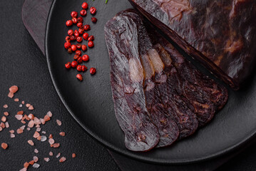 Delicious smoked or cured mahan horse meat sausage with spices and herbs