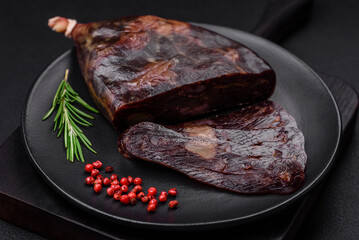 Delicious smoked or cured mahan horse meat sausage with spices and herbs