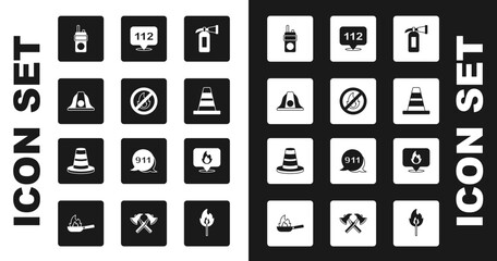 Set Fire extinguisher, No fire, Firefighter helmet, Walkie talkie, Traffic cone, Emergency call, Location with flame and icon. Vector