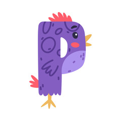 Bird alphabet P capital letter. Purple consonant letter with eyes, beak and wings cute cartoon vector illustration