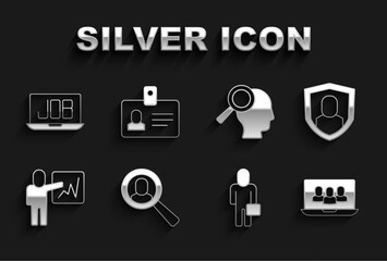 Set Magnifying glass for search job, User protection, Project team base, Businessman, Leader of of executives, Search and Identification badge icon. Vector