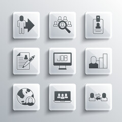 Set Project team base, Exchange work, Productive human, Search job, Globe and people, Resume, Leader of of executives and Identification badge icon. Vector