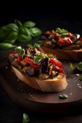 Fototapeta na wymiar bruschetta with grilled eggplant and roasted peppers on ciabatta bread