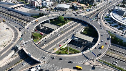 Fototapeta na wymiar Aerial drone photo of multilevel ring circular junction of Kifisias Avenue, National motorway and Attiki odos crossing Attica prefecture, Marousi, Greece 