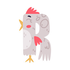 Bird alphabet R capital letter. Gray consonant letter with eyes, beak and wings cute cartoon vector illustration