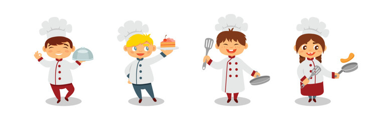 Cute Kids Chef in Hat Preparing Food and Cooking Dish Vector Set