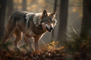 Fototapeta premium Predator in Motion: Wolf Hunting in a Sunlit Forest