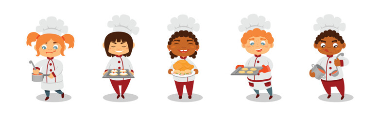 Cute Kids Chef in Hat Preparing Food and Cooking Dish Vector Set