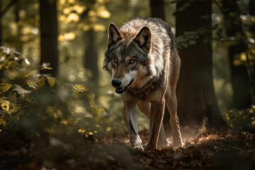 Obraz premium Predator in Motion: Wolf Hunting in a Sunlit Forest