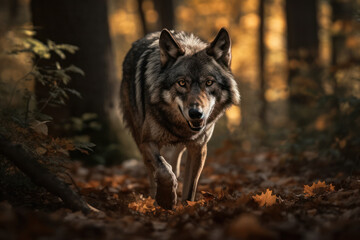 Naklejka premium Predator in Motion: Wolf Hunting in a Sunlit Forest