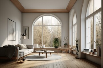 3D rendering of scandinavian living room with wooden floors & ceilings, white walls, arch-shaped window overlooking nature. Generative AI