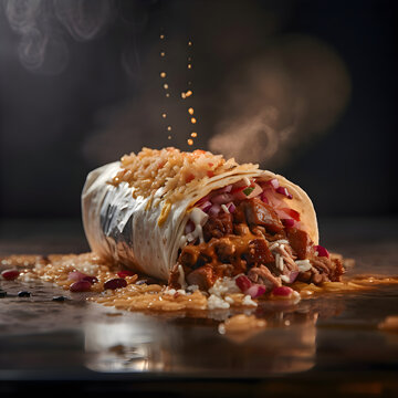 Burrito with meat, vegetables and cheese on a black background.