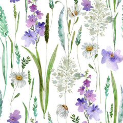 Watercolor delicate wildflowers, green herbs floral seamless pattern. Blooming meadow tile. Hand drawn elegant, botanical background. Repeatable texture, wrapping paper,wallpaper, fabric, textile