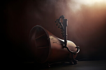 A vintage imaginary musical instrument isolated on brown background, generative ai illustration