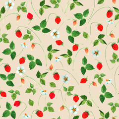 Watercolor wild strawberries seamless pattern. Summer delicious sweet berries harvest tile. Hand drawn eating, botanical background. Repeatable texture, wrapping paper, wallpaper, fabric, textile