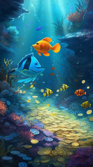 Naklejka na ściany i meble Ocean day Fish on the underwater sea world. Ecosystem. Colorful tropical fish. Life in the coral reef Ai Generated