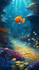 Plakat Ocean day Fish on the underwater sea world. Ecosystem. Colorful tropical fish. Life in the coral reef Ai Generated