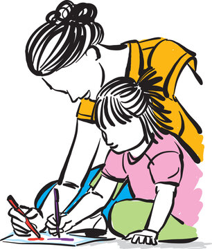 mom and little girl drawing together parenthood mother day vector illustration