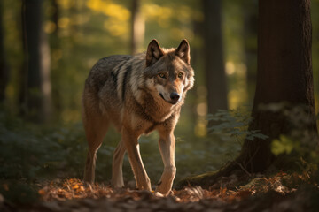 Fototapeta premium Predator in Motion: Wolf Hunting in a Sunlit Forest