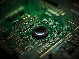 Obraz premium Close up of computer chip and human eye. Concept of The Intersection of Man and Machine. Generative AI.