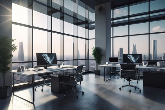 office window modern workplace interior furniture room bright desk chair apartment. Generative AI.