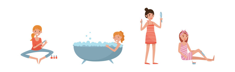 Young Female Doing Manicure, Bathing in Bathtub, Removing Hair and Doing Makeup Vector Illustration Set