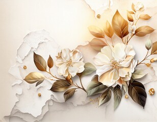 A painting of flowers with gold leaves and white flowers. Generative AI.