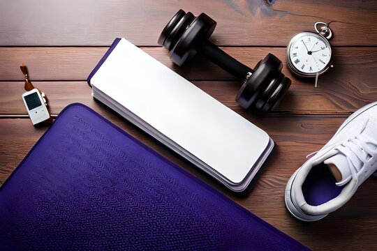 Top view photo of dumbbells violet exercise mat white sneakers and alarm clock on white background with copy space