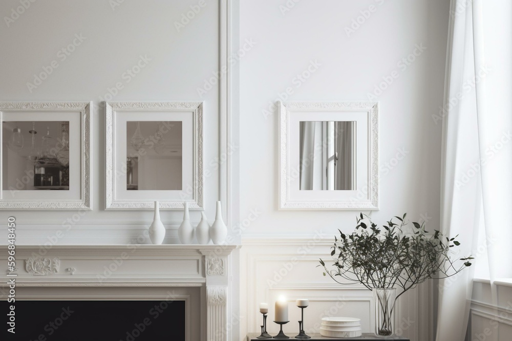 Wall mural Two empty picture frames hanged on a white wall in a white living room. Generative AI