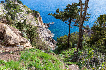 A beautiful landscape of the coast of the island of Corfu in the Ionian Sea of the Mediterranean in Greece. Pure blue clear water washes over the shores of the Greek island.